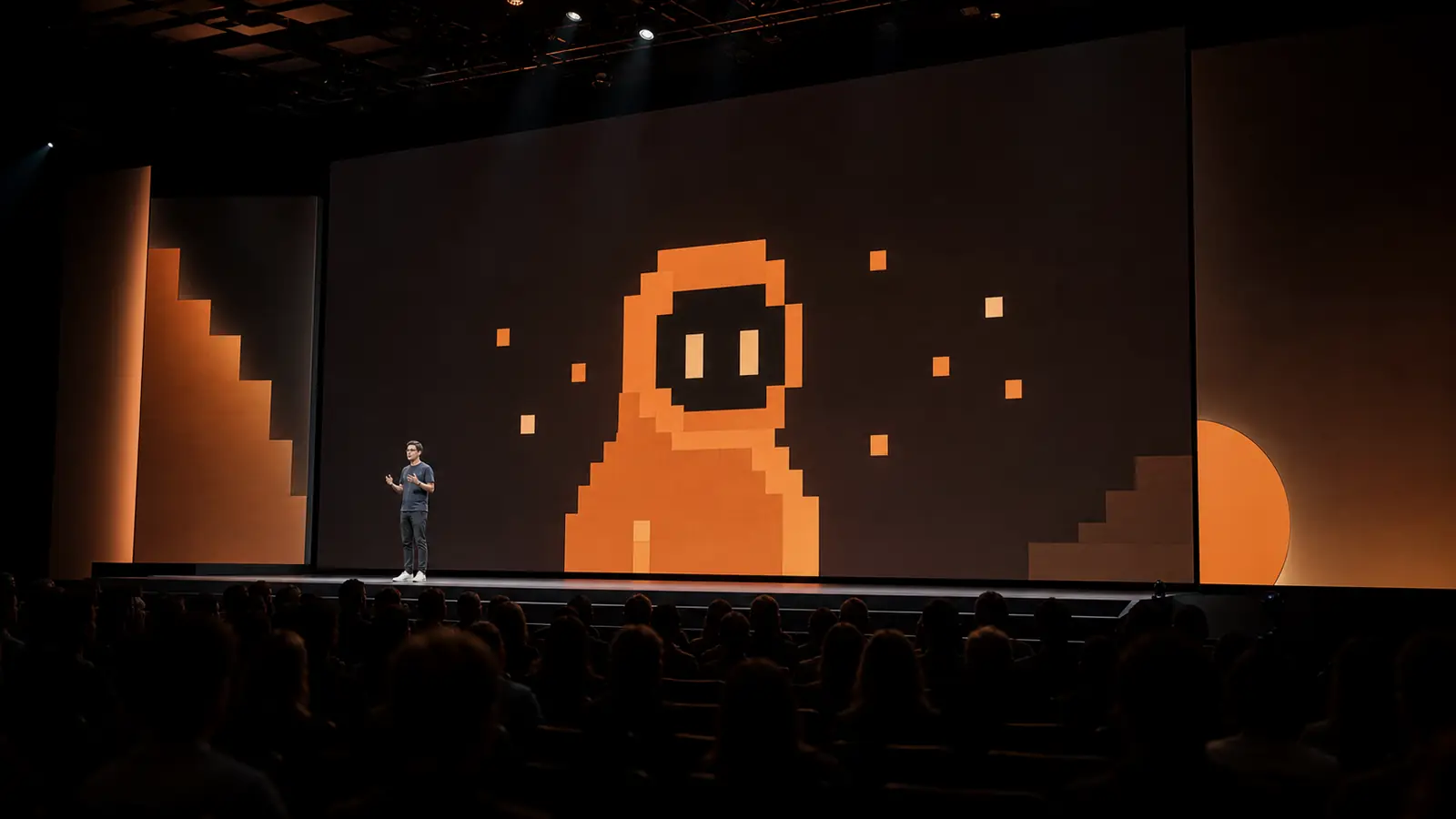 The main stage at Anthropic's Code with Claude 2026 conference in San Francisco, with the orange Claude character displayed on a large screen behind speakers