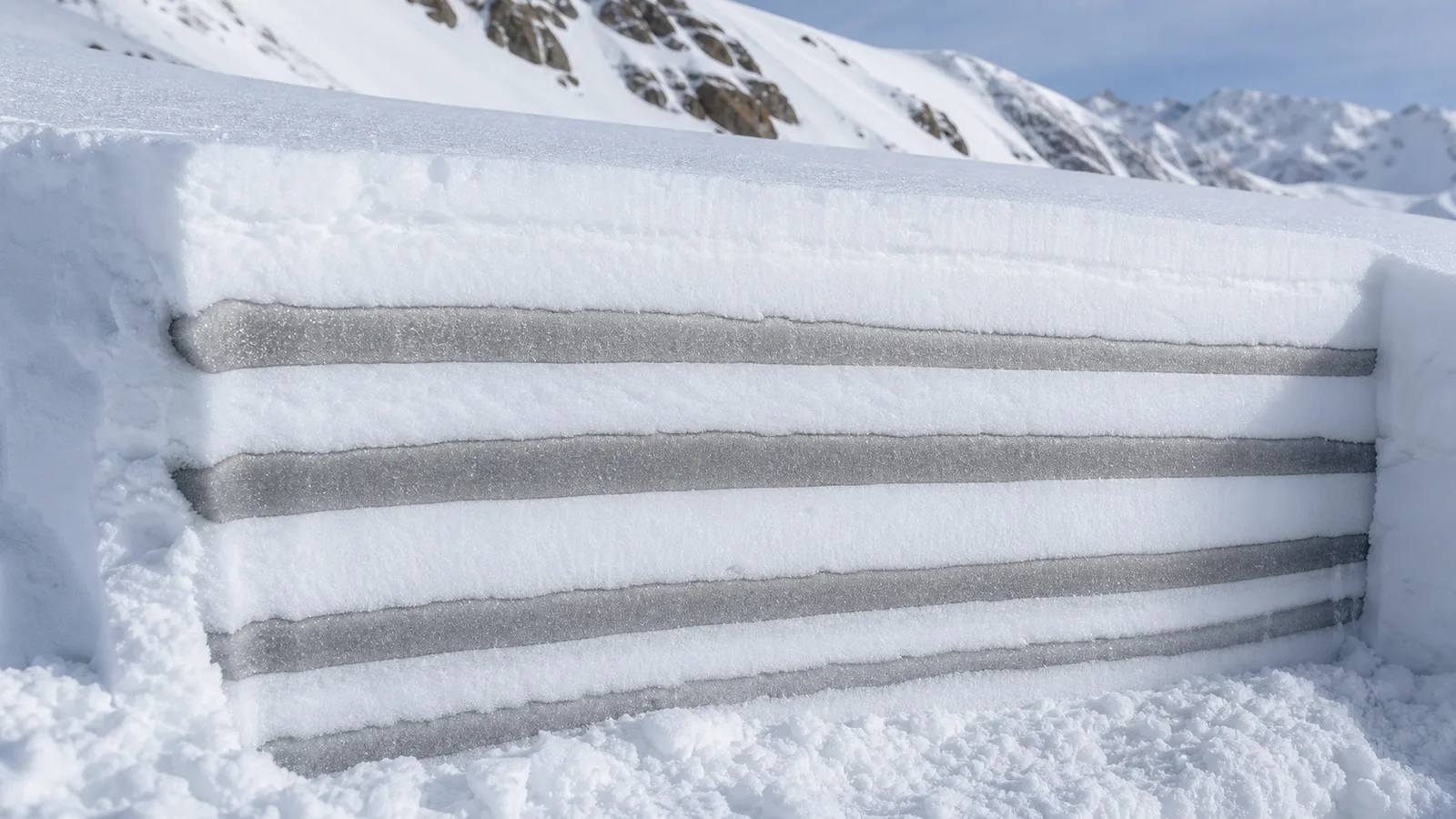 Cross-section of a layered alpine snowpack with horizontal grey weak layers between white snow strata