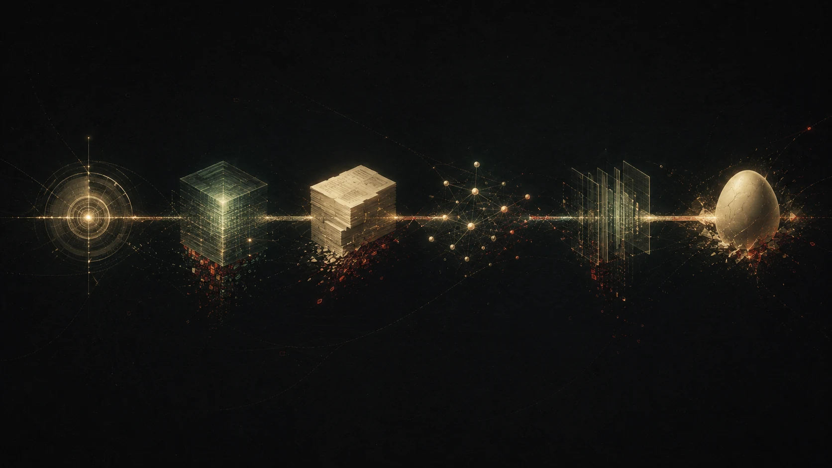Dark editor desk scene with layered papers, screens, and structured notes