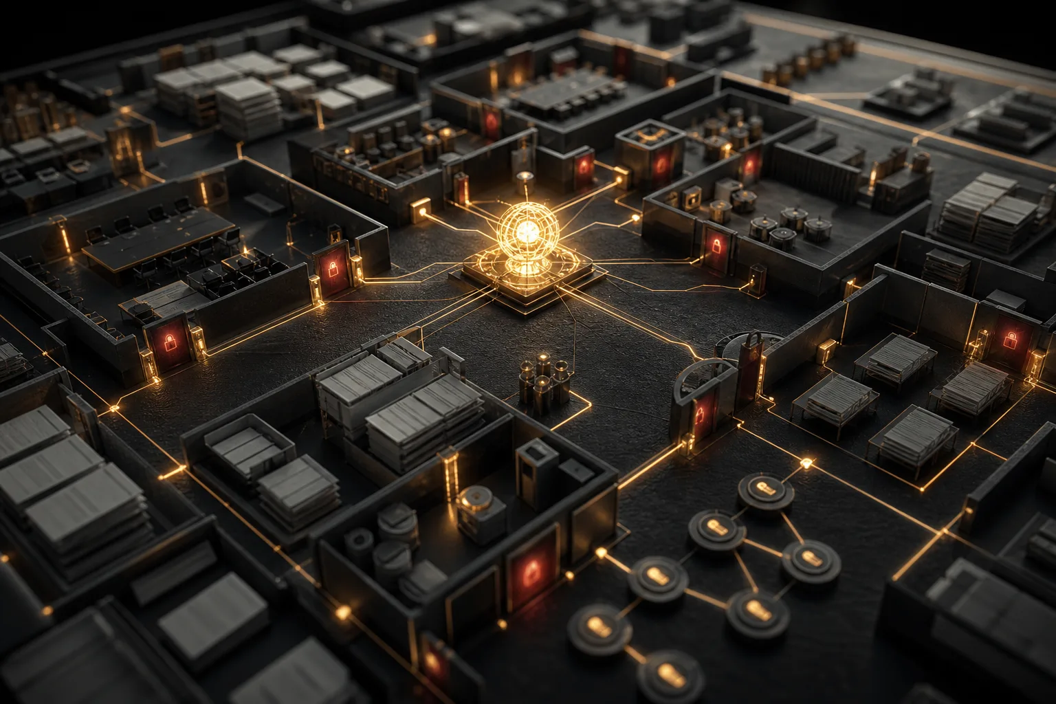 Inside a black company-building model, a glowing central core connects meeting rooms, document stacks, permission gates, and audit paths
