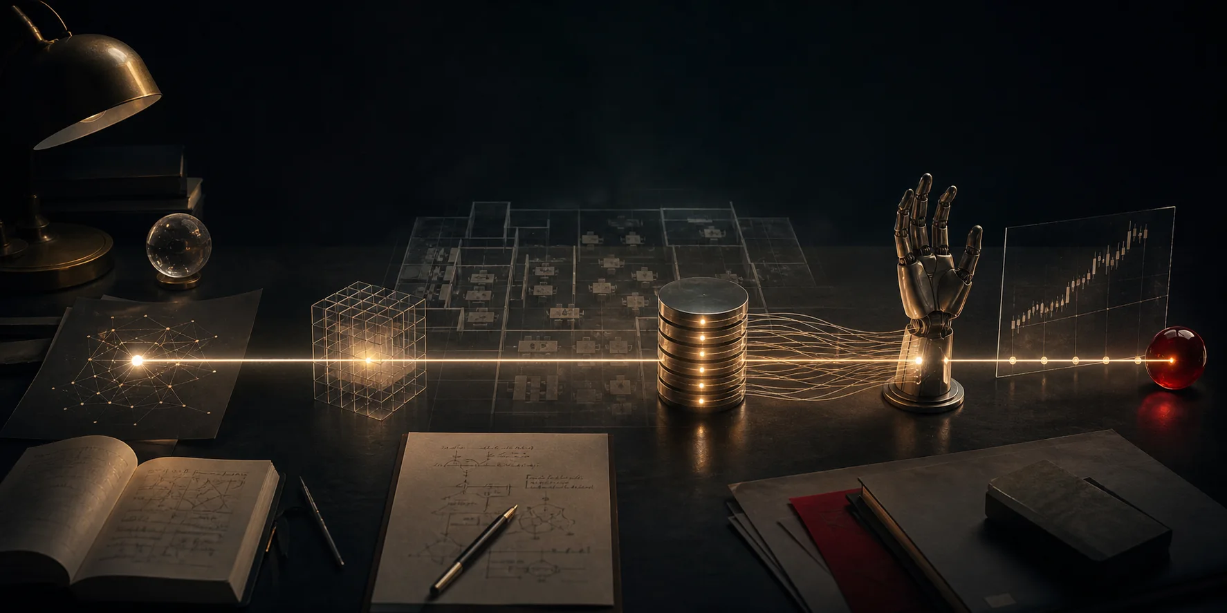 A dark desk where one glowing invariant line connects a proof grid, company map, database, robotic hand, and financial timeline