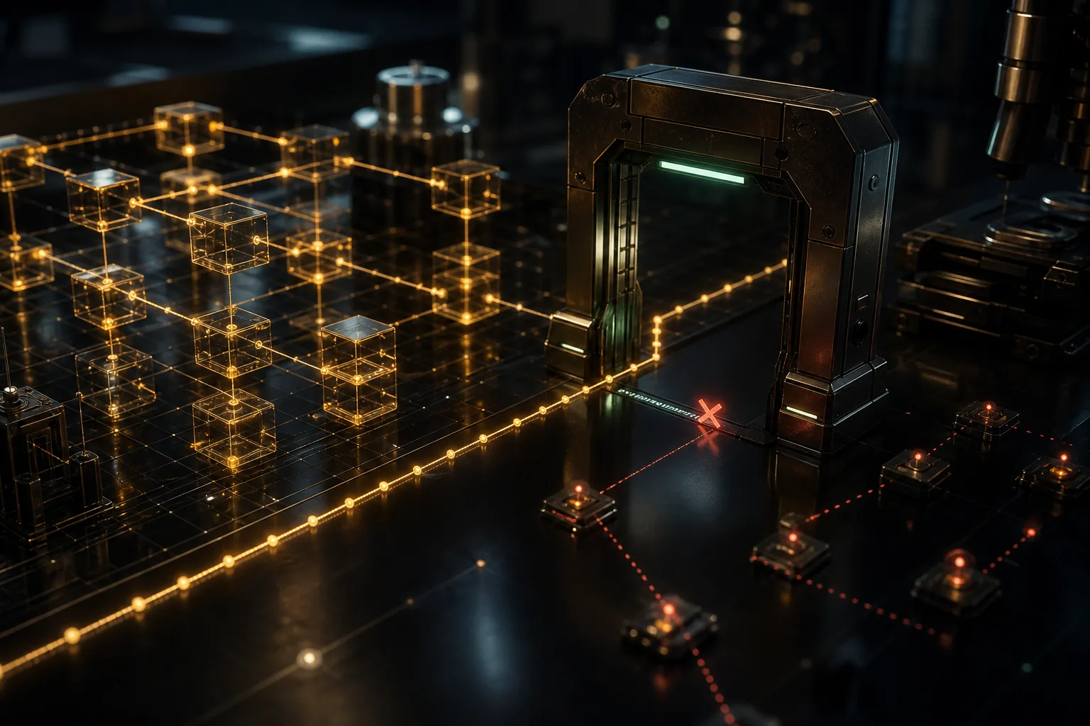 On a black glass table, an amber proof grid passes through a mechanical verification gate while red failure paths are blocked outside